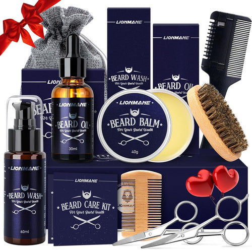 Beard Care Gifts Kit for Men, Beard Mustache Grooming Kit-Beard Balm, Beard Wash, Beard Oil, Brush, Scissors, Birthday Anniversary Thanksgiving Gifts for Husband/Boyfriend/Dad/Him